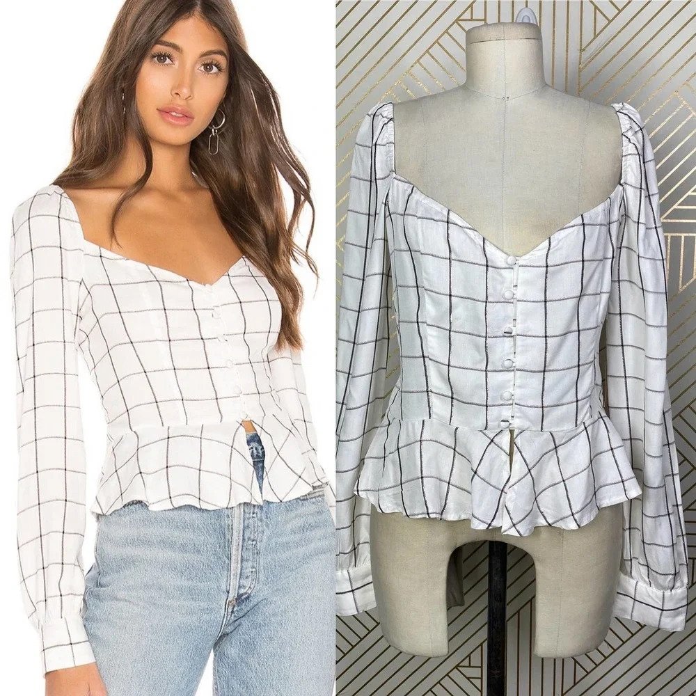 Superdown‎ Marrie Flannel Puff Sleeve Top White & Pink Size US Large